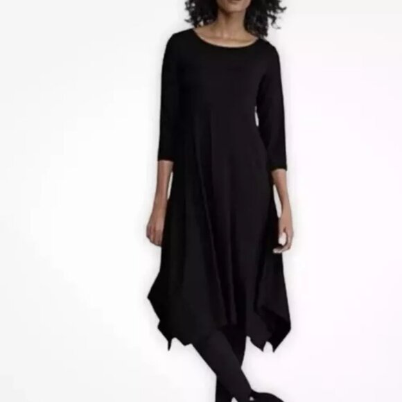 EILEEN FISHER Sz L Wool Crepe Midi Dress Charcoal Black Handkerchief Hem